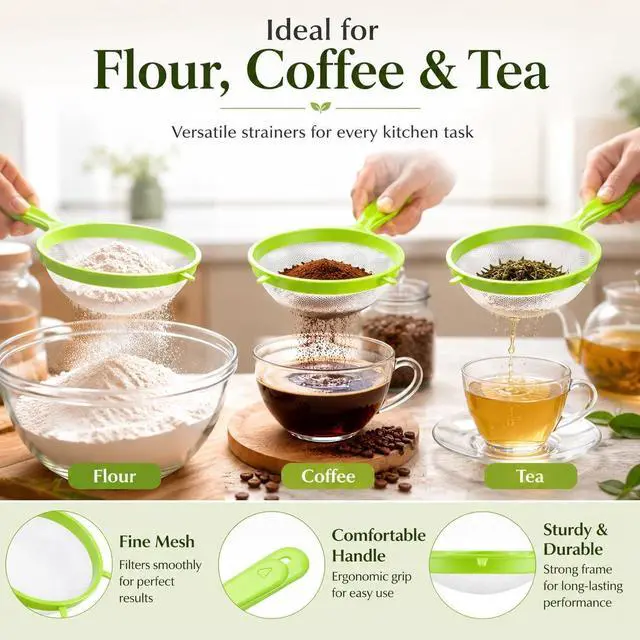 Alt view image 3 of 7 - 3Pcs Green Plastic Strainer, Flour Sifter Set with Long Handle, Fine Mesh Colander for Flour, Coffee, Tea