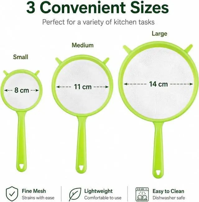 Alt view image 4 of 7 - 3Pcs Green Plastic Strainer, Flour Sifter Set with Long Handle, Fine Mesh Colander for Flour, Coffee, Tea