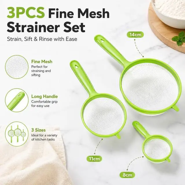 Alt view image 5 of 7 - 3Pcs Green Plastic Strainer, Flour Sifter Set with Long Handle, Fine Mesh Colander for Flour, Coffee, Tea