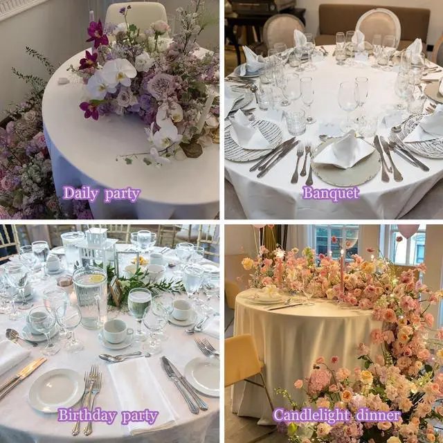 Alt view image 7 of 7 - Kesfey 2 Packs White Round Tablecloth 70 Inches White Polyester Table Cloths Circle Stain and Wrinkle Resistant Tablecloths for Round Tables Washable Fabric Table Covers for Wedding Banquet Parties