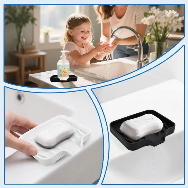 Alt view image 5 of 7 - 3 Pack Silicone Soap Dish with Drain - Bar Soap Holder for Shower, Bathroom and Kitchen Sink Organize (2Pack Black + 1Pack White)