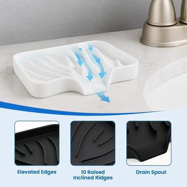 Alt view image 7 of 7 - 3 Pack Silicone Soap Dish with Drain - Bar Soap Holder for Shower, Bathroom and Kitchen Sink Organize (2Pack Black + 1Pack White)