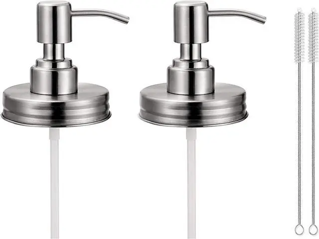 Main image of 2 Pack Mason Jar Soap Dispenser Lids with Pumps, Rustproof Stainless Steel Lotion Dispenser Lids Replacement for 16 oz Regular Mouth Mason Jar Decor, 2 Brushes Included Silver