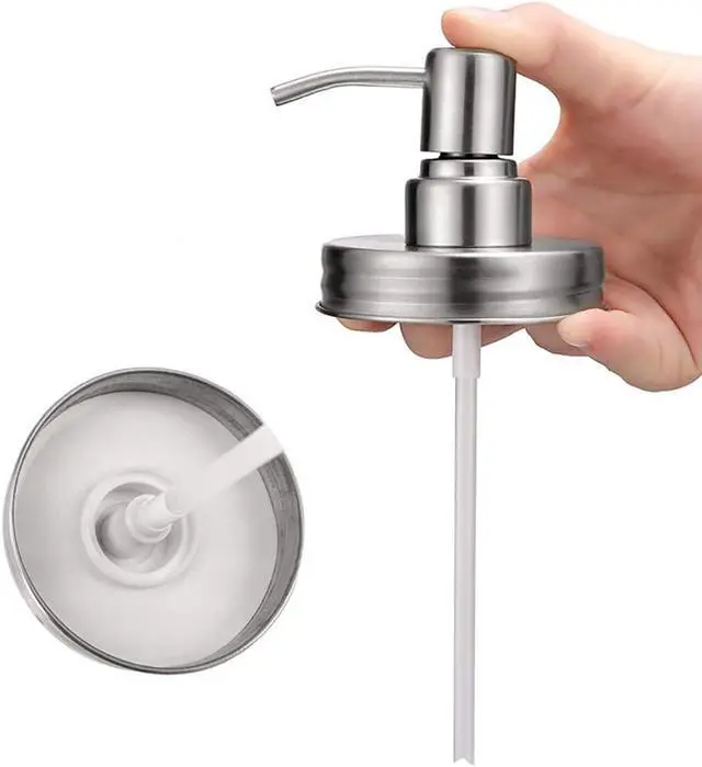 Alt view image 3 of 7 - 2 Pack Mason Jar Soap Dispenser Lids with Pumps, Rustproof Stainless Steel Lotion Dispenser Lids Replacement for 16 oz Regular Mouth Mason Jar Decor, 2 Brushes Included Silver