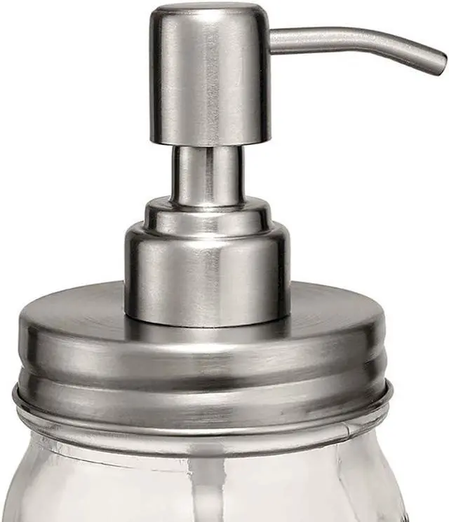 Alt view image 4 of 7 - 2 Pack Mason Jar Soap Dispenser Lids with Pumps, Rustproof Stainless Steel Lotion Dispenser Lids Replacement for 16 oz Regular Mouth Mason Jar Decor, 2 Brushes Included Silver