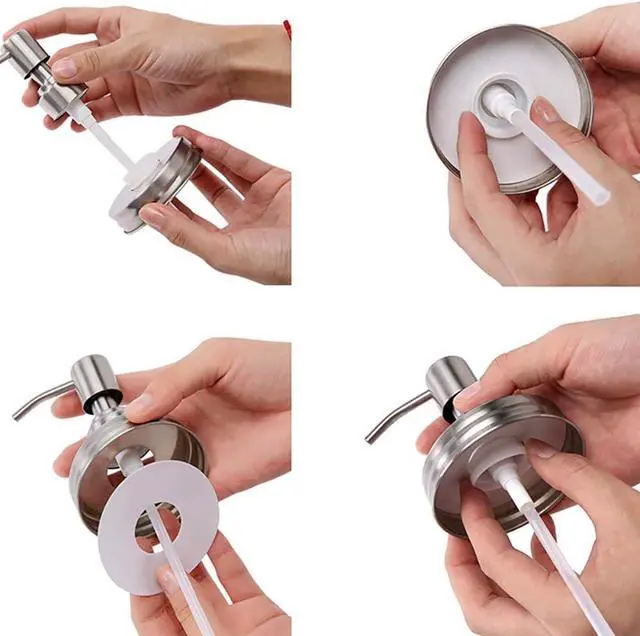 Alt view image 5 of 7 - 2 Pack Mason Jar Soap Dispenser Lids with Pumps, Rustproof Stainless Steel Lotion Dispenser Lids Replacement for 16 oz Regular Mouth Mason Jar Decor, 2 Brushes Included Silver