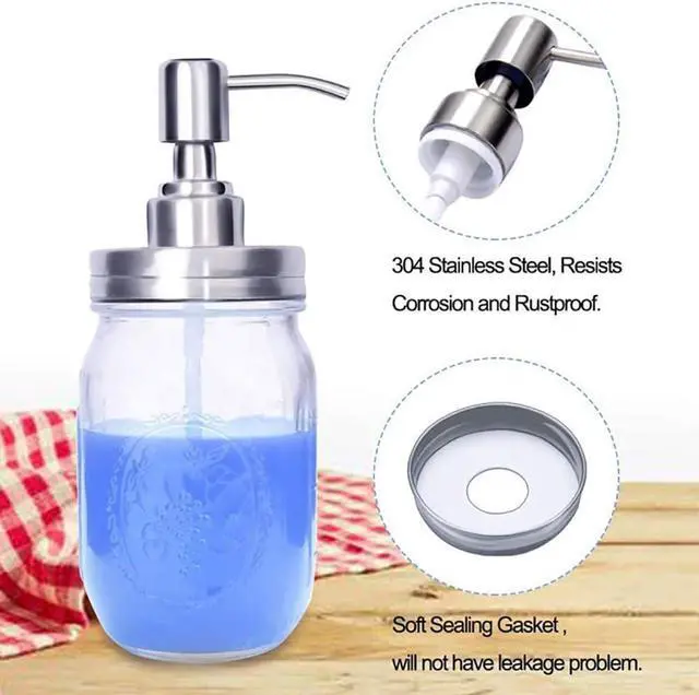 Alt view image 6 of 7 - 2 Pack Mason Jar Soap Dispenser Lids with Pumps, Rustproof Stainless Steel Lotion Dispenser Lids Replacement for 16 oz Regular Mouth Mason Jar Decor, 2 Brushes Included Silver