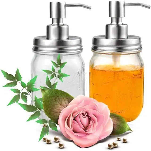 Alt view image 7 of 7 - 2 Pack Mason Jar Soap Dispenser Lids with Pumps, Rustproof Stainless Steel Lotion Dispenser Lids Replacement for 16 oz Regular Mouth Mason Jar Decor, 2 Brushes Included Silver