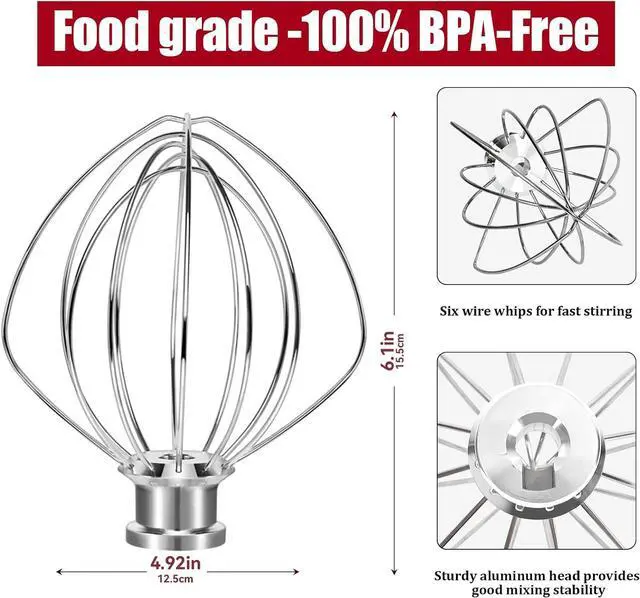 Alt view image 3 of 6 - K45WW 6-Wire Whip Attachment Fits KitchenAid Tilt Head Stand Mixer - Egg Heavy Cream Beater, Cakes Mayonnaise Whisk for Kitchen Aid Mixer Accessory Replacement Parts