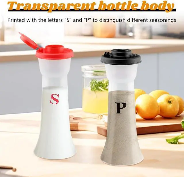 Alt view image 7 of 7 - Set Of 2 Salt And Pepper Shakers With Lids, Large Hourglass Design | Moisture Proof Seasoning Containers For Salt, Pepper, Sugar, Or Candy In Cooking And Baking. Red And Black