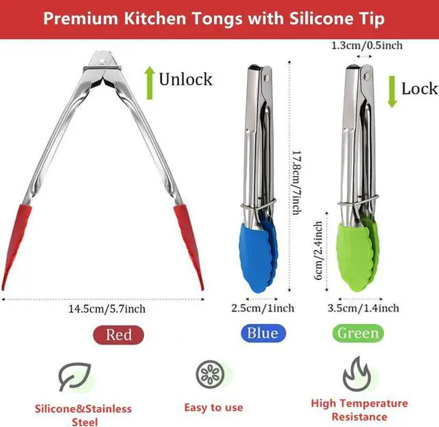 Alt view image 2 of 6 - Mini Kitchen Tongs with Silicone Tips, 3-Piece Set, 7-Inch Non-Stick Small Tongs with Stainless Steel Silicon Handles, Heat Resistant for Cooking and Serving (Multi-Color)