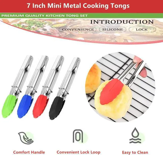Alt view image 3 of 6 - Mini Kitchen Tongs with Silicone Tips, 3-Piece Set, 7-Inch Non-Stick Small Tongs with Stainless Steel Silicon Handles, Heat Resistant for Cooking and Serving (Multi-Color)