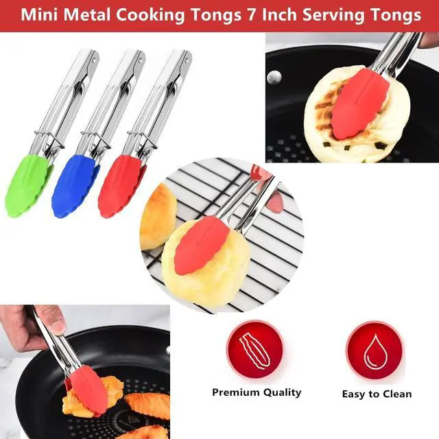 Alt view image 5 of 6 - Mini Kitchen Tongs with Silicone Tips, 3-Piece Set, 7-Inch Non-Stick Small Tongs with Stainless Steel Silicon Handles, Heat Resistant for Cooking and Serving (Multi-Color)
