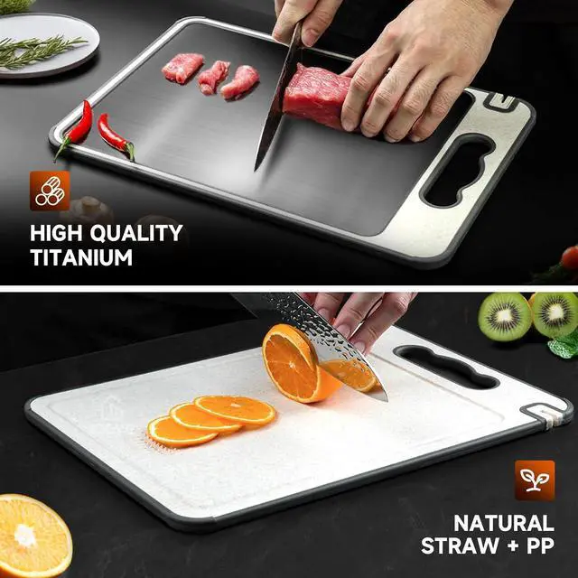 Alt view image 2 of 7 - Titanium Cutting Board, Double Sided Chopping Board for Kitchen, Non Toxic Non Slip Cutting Board 14.37"*9.84", Food-Grade, Dishwasher Safe (1PCS of Pack,1 side Titanium Other side Wheat Straw PP)