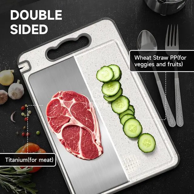 Alt view image 7 of 7 - Titanium Cutting Board, Double Sided Chopping Board for Kitchen, Non Toxic Non Slip Cutting Board 14.37"*9.84", Food-Grade, Dishwasher Safe (1PCS of Pack,1 side Titanium Other side Wheat Straw PP)