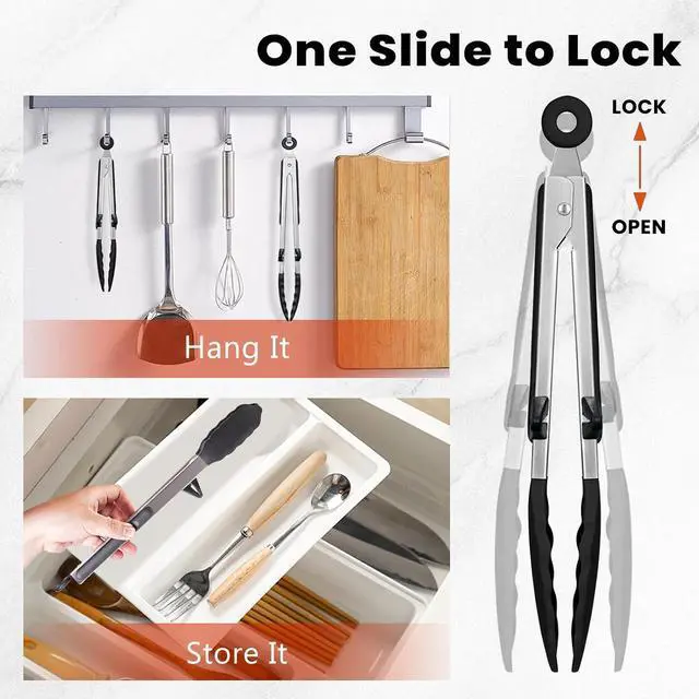 Alt view image 4 of 7 - Kitchen Cooking Tongs Set, 9" & 12", Black, 2 Pack | Built-in Stand & Dishwasher Safe; Heat Resistant up to 600°F; Perfect for Grilling, BBQ, Salad & Frying.