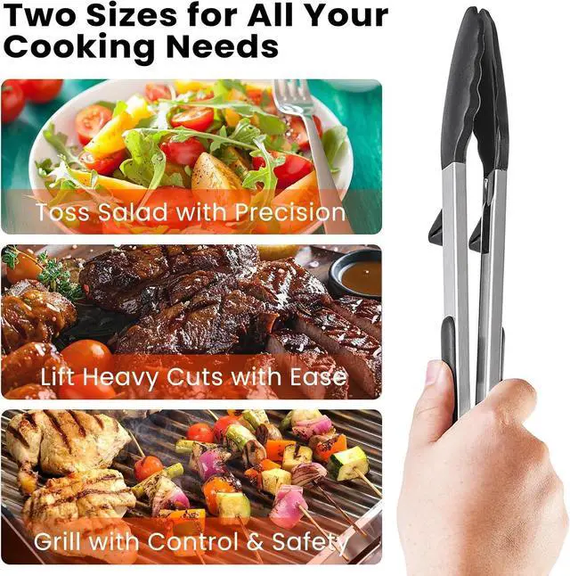 Alt view image 6 of 7 - Kitchen Cooking Tongs Set, 9" & 12", Black, 2 Pack | Built-in Stand & Dishwasher Safe; Heat Resistant up to 600°F; Perfect for Grilling, BBQ, Salad & Frying.