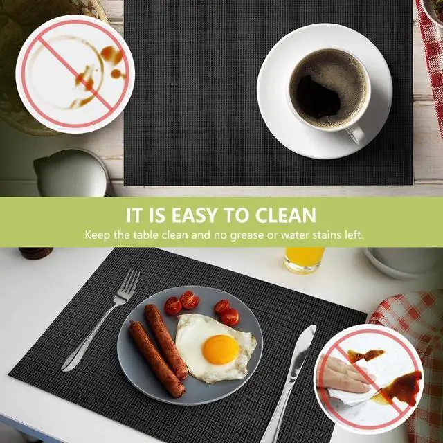 Alt view image 2 of 7 - AUAUY Placemats Set of 6 Washable, Non-Slip Heat Resistant Table Mat, Black | 6pcs PVC Vinyl Woven Table Placemats Wipeable for Kitchen Dinning Restaurant, Farmhouse