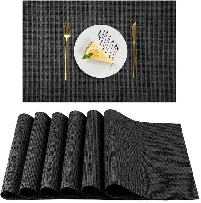 Main image of AUAUY Placemats Set of 6 Washable, Non-Slip Heat Resistant Table Mat, Black | 6pcs PVC Vinyl Woven Table Placemats Wipeable for Kitchen Dinning Restaurant, Farmhouse