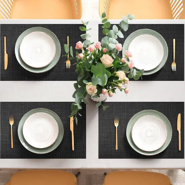 Alt view image 3 of 7 - AUAUY Placemats Set of 6 Washable, Non-Slip Heat Resistant Table Mat, Black | 6pcs PVC Vinyl Woven Table Placemats Wipeable for Kitchen Dinning Restaurant, Farmhouse