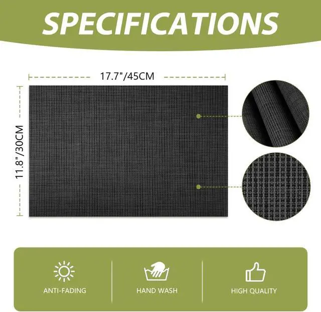 Alt view image 5 of 7 - AUAUY Placemats Set of 6 Washable, Non-Slip Heat Resistant Table Mat, Black | 6pcs PVC Vinyl Woven Table Placemats Wipeable for Kitchen Dinning Restaurant, Farmhouse