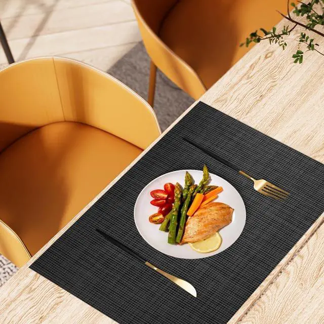 Alt view image 7 of 7 - AUAUY Placemats Set of 6 Washable, Non-Slip Heat Resistant Table Mat, Black | 6pcs PVC Vinyl Woven Table Placemats Wipeable for Kitchen Dinning Restaurant, Farmhouse