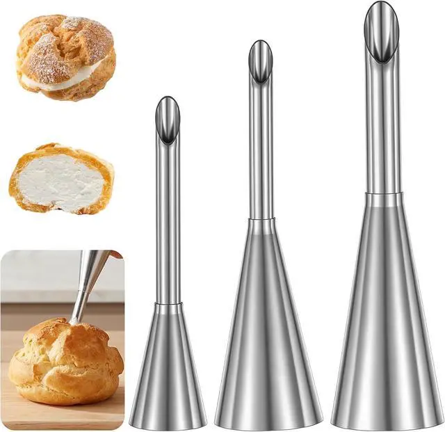 Main image of 3 Pcs Cream Icing Piping Nozzle Tips, Puff Filling Tip | Stainless Steel Long Nozzle Tips, Cake Decorating Tools Cupcake Filler Tool For Decoratings Cake Filling Pastry Cream Puffs
