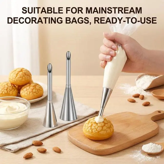 Alt view image 3 of 7 - 3 Pcs Cream Icing Piping Nozzle Tips, Puff Filling Tip | Stainless Steel Long Nozzle Tips, Cake Decorating Tools Cupcake Filler Tool For Decoratings Cake Filling Pastry Cream Puffs