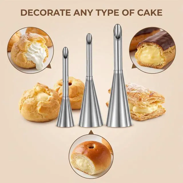Alt view image 6 of 7 - 3 Pcs Cream Icing Piping Nozzle Tips, Puff Filling Tip | Stainless Steel Long Nozzle Tips, Cake Decorating Tools Cupcake Filler Tool For Decoratings Cake Filling Pastry Cream Puffs