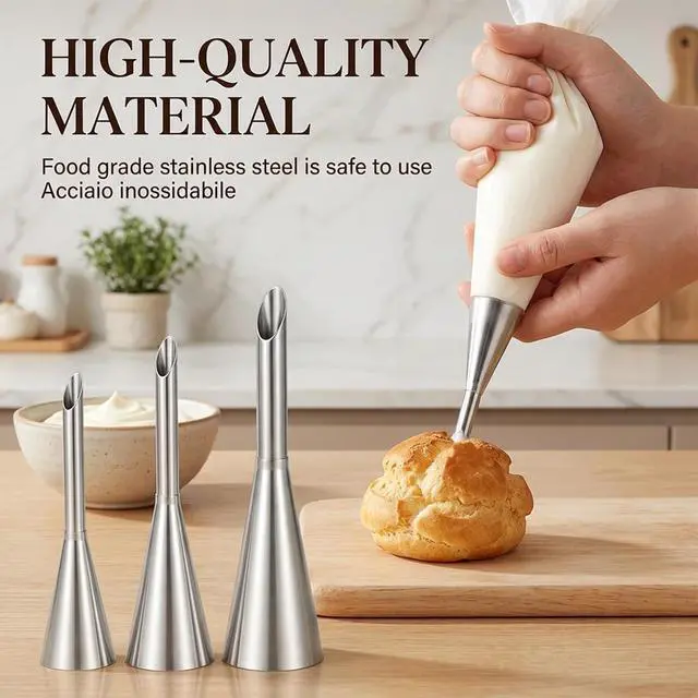 Alt view image 7 of 7 - 3 Pcs Cream Icing Piping Nozzle Tips, Puff Filling Tip | Stainless Steel Long Nozzle Tips, Cake Decorating Tools Cupcake Filler Tool For Decoratings Cake Filling Pastry Cream Puffs
