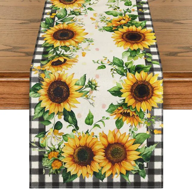 Main image of Artoid Mode Buffalo Plaid Sunflower Table Runner, Summer Fall Seasonal Kitchen Dining Table Decoration for Indoor Outdoor Home Party Decor 13 x 90 Inch