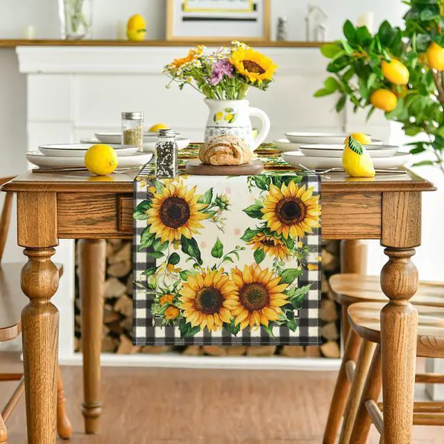 Alt view image 2 of 7 - Artoid Mode Buffalo Plaid Sunflower Table Runner, Summer Fall Seasonal Kitchen Dining Table Decoration for Indoor Outdoor Home Party Decor 13 x 90 Inch