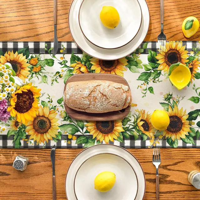 Alt view image 3 of 7 - Artoid Mode Buffalo Plaid Sunflower Table Runner, Summer Fall Seasonal Kitchen Dining Table Decoration for Indoor Outdoor Home Party Decor 13 x 90 Inch