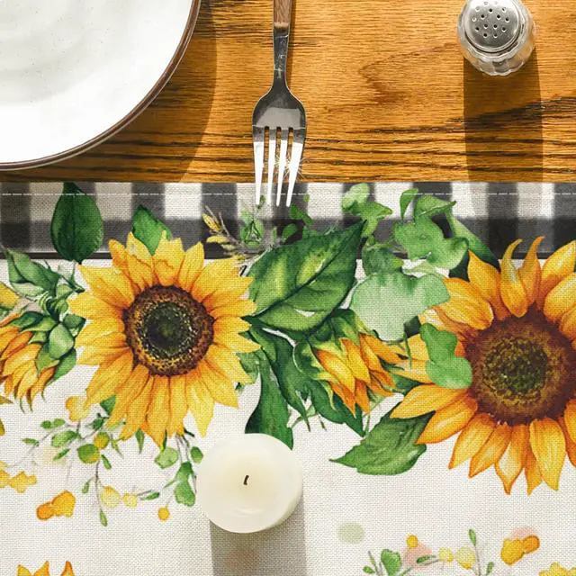 Alt view image 7 of 7 - Artoid Mode Buffalo Plaid Sunflower Table Runner, Summer Fall Seasonal Kitchen Dining Table Decoration for Indoor Outdoor Home Party Decor 13 x 90 Inch