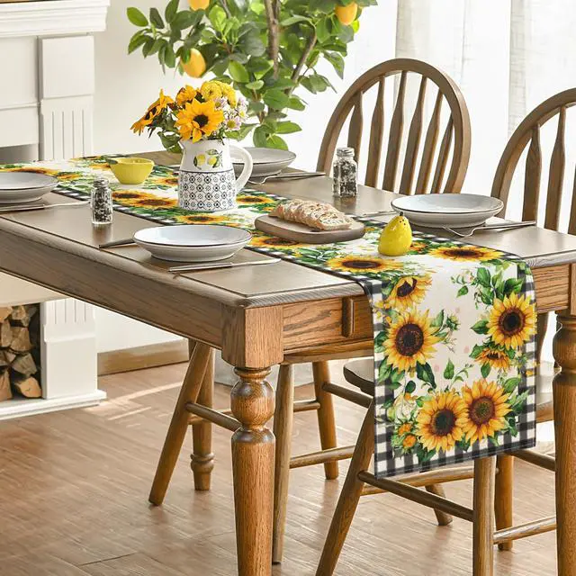 Alt view image 4 of 7 - Artoid Mode Buffalo Plaid Sunflower Table Runner, Summer Fall Seasonal Kitchen Dining Table Decoration for Indoor Outdoor Home Party Decor 13 x 90 Inch