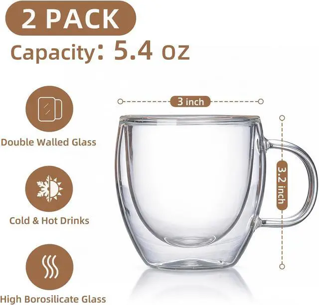 Alt view image 2 of 7 - Double Wall Insulated Espresso Shot Cups 5.4 OZ Set of 2, Small Clear Borosilicate Glass Demitasse Coffee Mugs with Handles
