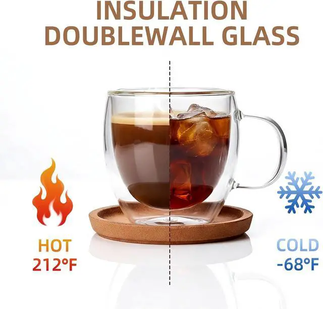 Alt view image 4 of 7 - Double Wall Insulated Espresso Shot Cups 5.4 OZ Set of 2, Small Clear Borosilicate Glass Demitasse Coffee Mugs with Handles