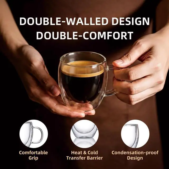 Alt view image 7 of 7 - Double Wall Insulated Espresso Shot Cups 5.4 OZ Set of 2, Small Clear Borosilicate Glass Demitasse Coffee Mugs with Handles