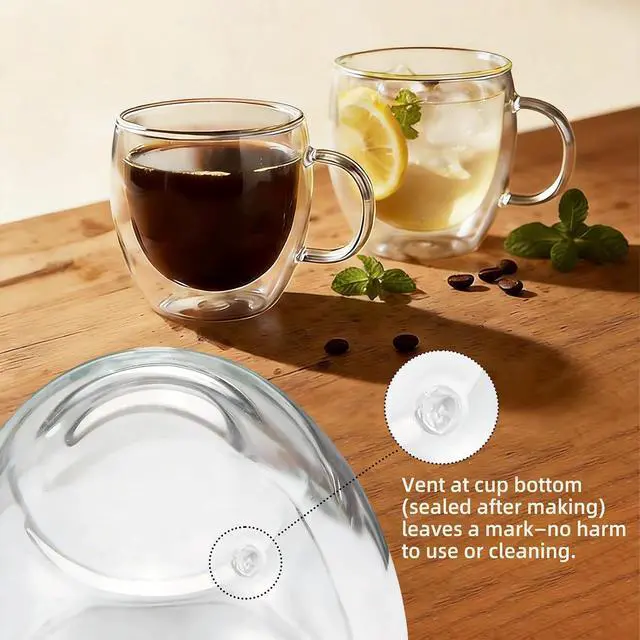 Alt view image 5 of 7 - Double Wall Insulated Espresso Shot Cups 5.4 OZ Set of 2, Small Clear Borosilicate Glass Demitasse Coffee Mugs with Handles