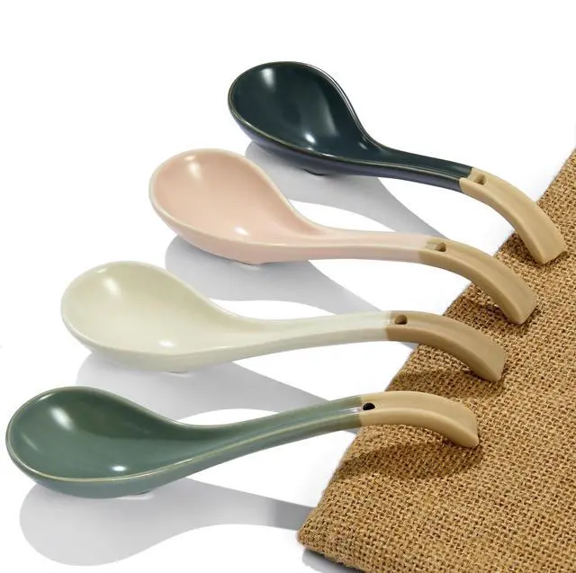 Main image of Asian Ceramic Soup Spoon, with Long Handle Easy to Hold, Non-slip Bottom, for Japanese Ramen, Chinese and Vietnamese Wonton, Noodle Soup Spoons (V38)