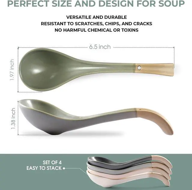 Alt view image 2 of 6 - Asian Ceramic Soup Spoon, with Long Handle Easy to Hold, Non-slip Bottom, for Japanese Ramen, Chinese and Vietnamese Wonton, Noodle Soup Spoons (V38)