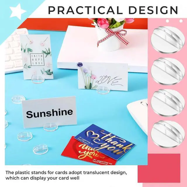 Alt view image 2 of 6 - Yinkin 50 Pcs Mini Plastic Card Stands 1 Inch Round Base Clips,Clear | Place Card Holders for Table Numbers Price Tags Menus, Game Pieces Holders Dual Slot Design for Weddings Parties