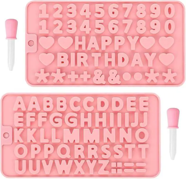 Main image of 2 pcs Number Chocolate Molds and Letter Silicone Molds, with 2 Droppers, Happy Birthday Cake Decorations Baking Mould,for Chocolate, Candy, ice cubes,cake cookies