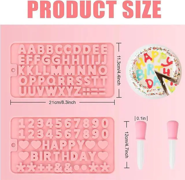 Alt view image 2 of 7 - 2 pcs Number Chocolate Molds and Letter Silicone Molds, with 2 Droppers, Happy Birthday Cake Decorations Baking Mould,for Chocolate, Candy, ice cubes,cake cookies