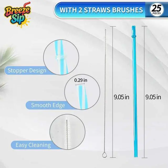 Alt view image 3 of 7 - 25 Pack 9.05" Plastic Reusable Replacement Drinking Straws | BPA-Free, 0.29 " Diameter Multicolor Straws with 2 Cleaning Brushes, fits 12-20 oz Tumblers, Mason Jars, YETI & Stanley