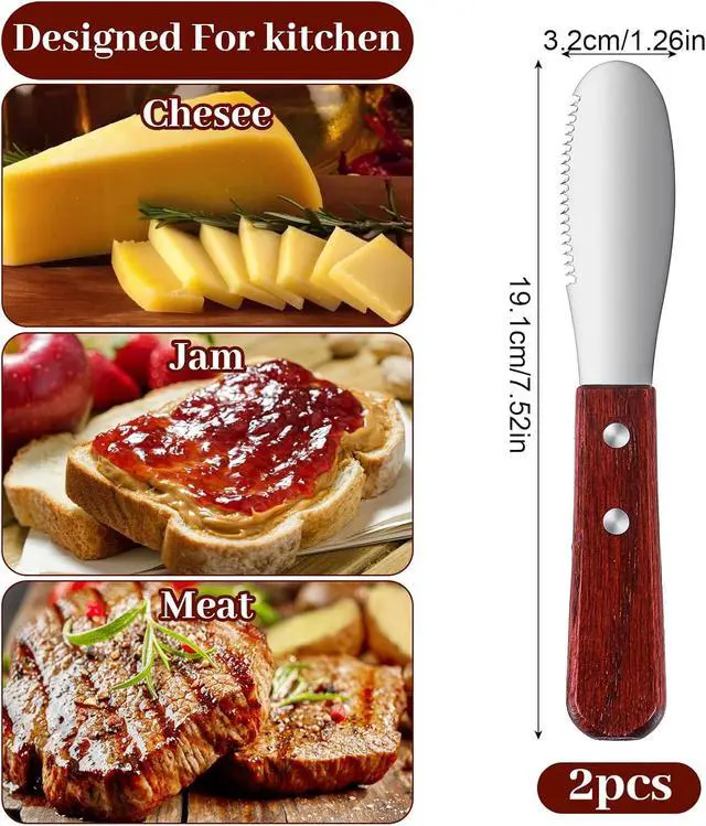 Alt view image 2 of 7 - Ouligay 2 Pcs Butter Knife Spreader, Cheese Spreader Knife, Stainless Steel Straight Edge Wide Butter Spreaders with Wood Handle for Sandwich Cream Condiment Knives Set Kitchen Tools, Cooking Utensil
