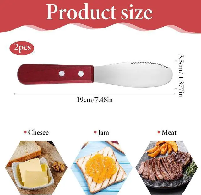 Alt view image 2 of 7 - Tucnoeu 2pcs Stainless Steel Butter Spreader Knife with Wooden Handle, Long Handle Red & Steel Color, Kitchen Tools for Sandwich Cream Condiments