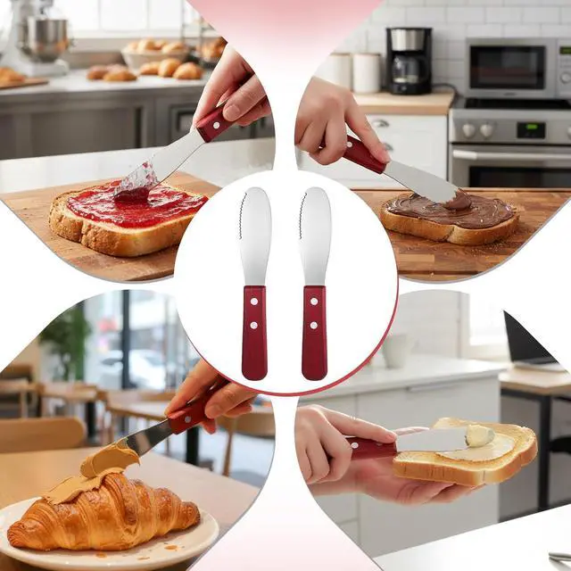 Alt view image 6 of 7 - Tucnoeu 2pcs Stainless Steel Butter Spreader Knife with Wooden Handle, Long Handle Red & Steel Color, Kitchen Tools for Sandwich Cream Condiments