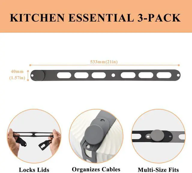 Alt view image 2 of 7 - 3-Pack Silicone Latch Strap for Slow Cooker Lid, Pot, Bento Box, Adjustable Length and Reusable Elastic Self-Lock Silicone Tie for Bundling or Organizing Curtain, Cords, Yoga Mat, Camping Mat (21 in)