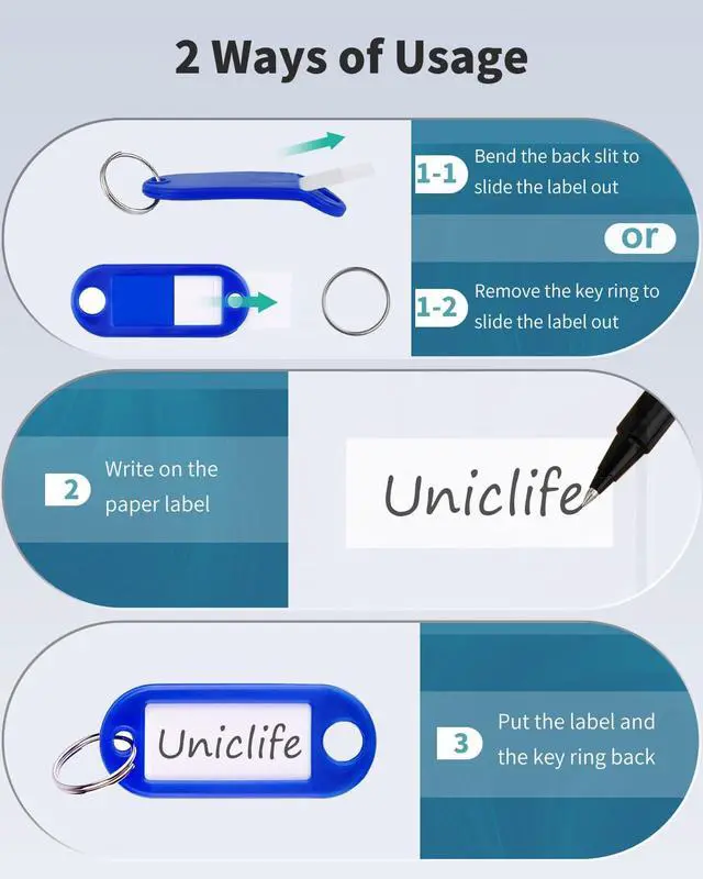 Alt view image 5 of 6 - Uniclife 10 Pieces Key Tags 2 Inch Soft Plastic Key Chain Tags with Blank Paper Labels Clear Windows Protective Films and Split Rings Flexible Item Identifiers, Blue